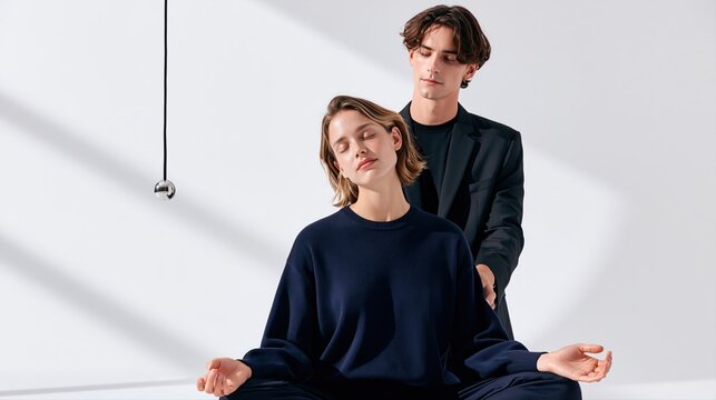 Calm young woman meditating in quiet dark studio with male assistant