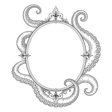 Vintage octopus tentacle frame engraving drawing with blank space