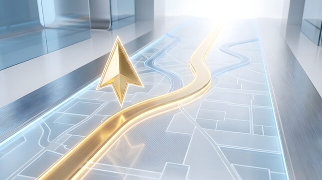 Digital navigation concept with golden pointer on glowing map