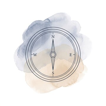 Modern Minimalist Line Art Compass Dial on Indigo and Beige Watercolor Blobs