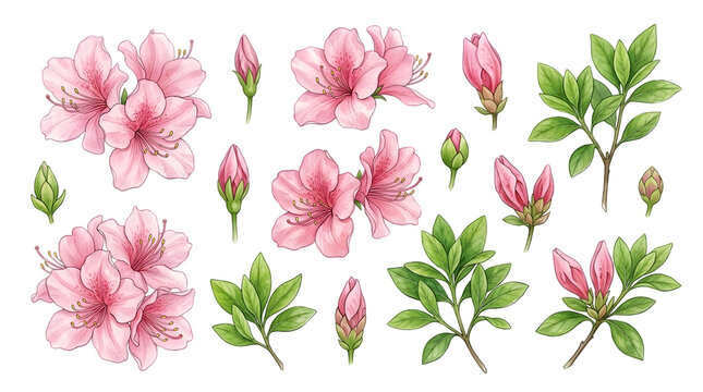 Set of beautiful hand drawn pink azalea flowers