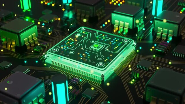 Modern 3d animation of an electronic processor with colorful glowing lights connected to an advanced circuit board. Futuristic cyber technology scene for computing.