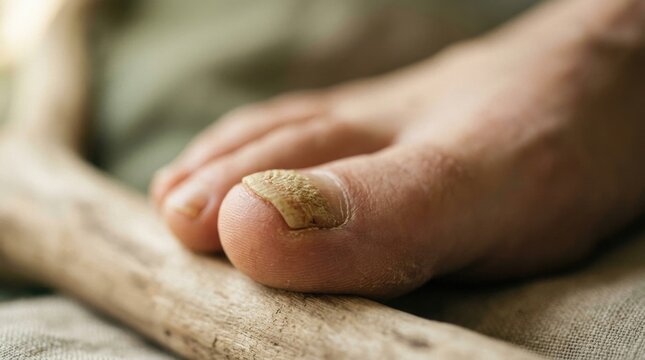 Diseased toe symptom: nail fungus, yellow plate, thick keratin, unhealthy skin, dermal infection, rough cuticle, medical disorder, foot disease, chronic pathology, human organism.