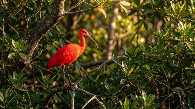 Vibrant Scarlet Minivet perched among lush green foliage.