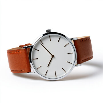 Close-up of stylish leather strap watch with white face