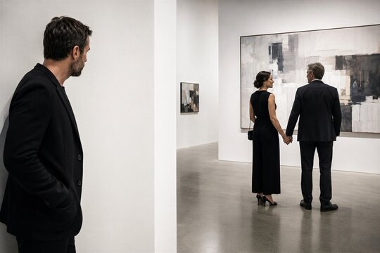 Jealous Man Watching Couple Holding Hands in Art Gallery
