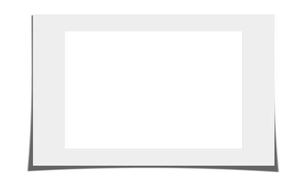 Horizontal landscape white paper photo frame mockup with realistic bottom shadow on transparent background for portfolio.