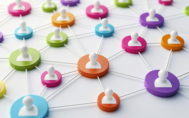 Fototapeta premium Colorful circular icons representing people are connected by lines on a white background, illustrating a network or social graph.