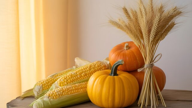 A bountiful harvest arrangement featuring ripe corn, pumpkins, and wheat stalks, evoking a sense of autumn abundance