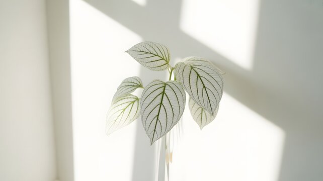 A striking plant with striking patterned leaves bathed in soft, diffused light, creating a serene and minimalist aesthetic