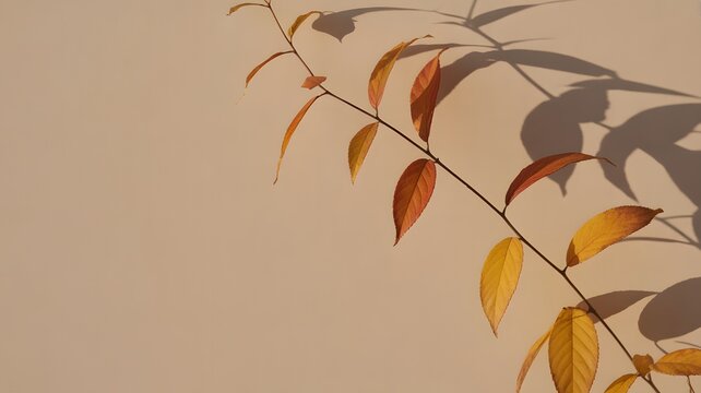 A delicate branch with autumn leaves casts a shadow on a muted wall. The leaves showcase a transition from green to warm hues of orange and yellow, symbolizing the changing seasons