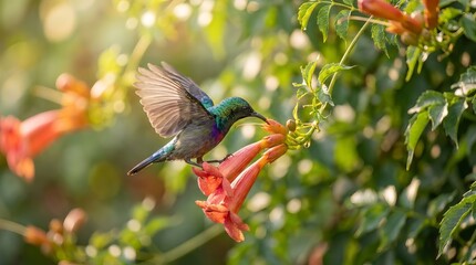 Fototapeta premium A hummingbird feeding from vibrant flowers.