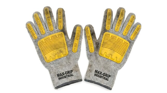 Used Max-Grip Industrial Heavy-Duty Work Gloves with Yellow Impact Protection Pads and Grey Cut-Resistant Fabric Isolated on White Background