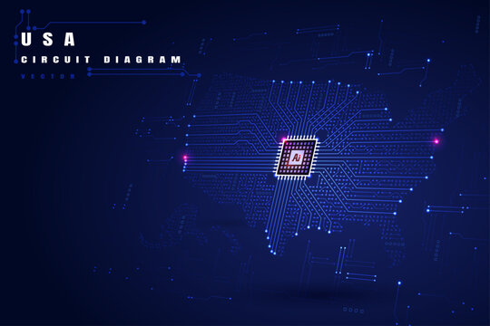 AI chip circuit board shaped as USA map, digital technology illustration, artificial intelligence microchip, American tech innovation, glowing blue circuits vector