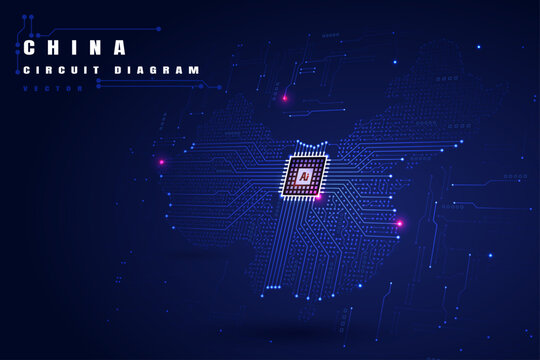 AI chip circuit board shaped as China map, digital technology illustration, artificial intelligence microchip, American tech innovation, glowing blue circuits vector