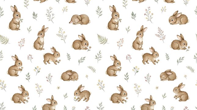 Seamless pattern with cute watercolor bunnies and small green leaves on a white background for spring design