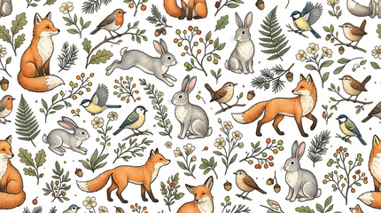 Fototapeta premium Seamless pattern with cute forest animals and birds