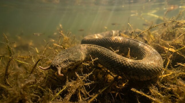 Serpent resting among submerged aquatic weeds.