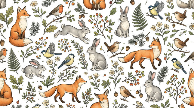 Seamless pattern with cute forest animals and birds