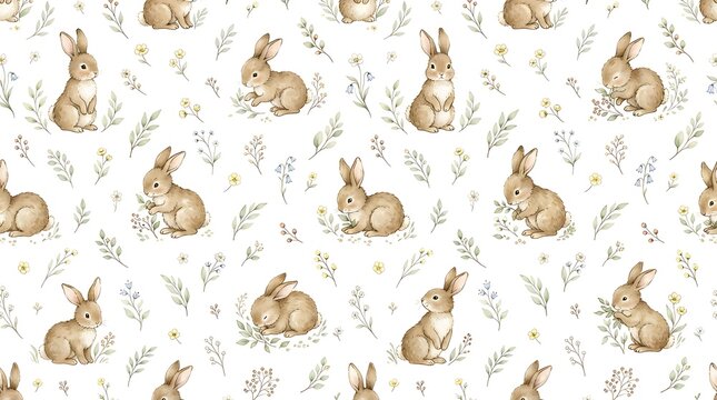 Seamless pattern with cute watercolor rabbits and small floral elements on a white background for spring design
