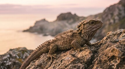 Obraz premium Sunlit lizard rests on coastal rocks.