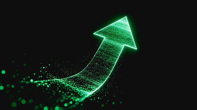 A glowing green arrow made of particles points upward, symbolizing growth, progress and positive development against a dark background.