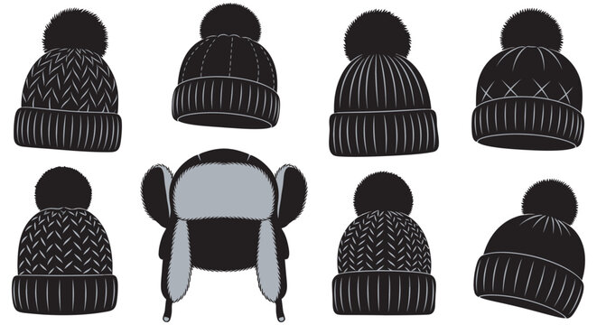 Collection Of Winter Knit Hats And Ushanka Silhouette On White Background