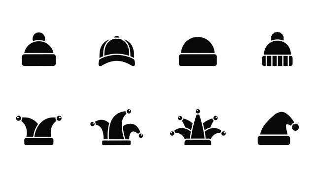 Collection of Headwear Icons: A curated selection of diverse headwear icons, including winter beanies, baseball caps, and festive jester hats, presented as clean black silhouettes.