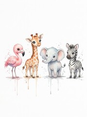 Naklejka premium Cute Watercolor Baby Safari Animals Set with Flamingo, Giraffe, Elephant, and Zebra for Nursery Decor