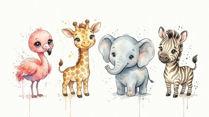 Naklejka premium Cute Watercolor Baby Safari Animals Set - Flamingo, Giraffe, Elephant, and Zebra Illustration for Nursery Decor