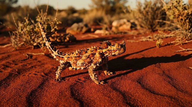 A spiny lizard stands on red desert sand.