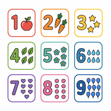 Educational counting cards with numbers one through nine and corresponding colorful illustrations.