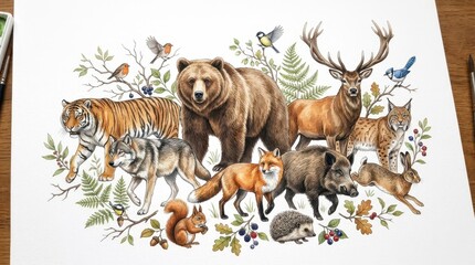 Fototapeta premium Detailed Watercolor Illustration of Diverse Forest Wildlife Including Bear Tiger Wolf Deer and Fox on White Background
