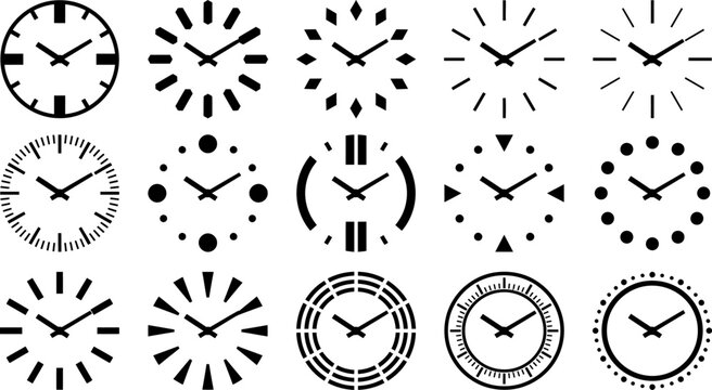 Set of various clock faces with different hour markers