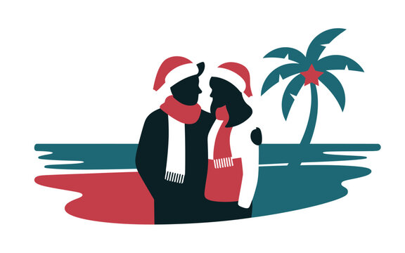 Couple wearing santa hats and winter scarves standing on a tropical beach next