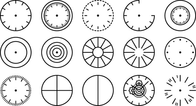 Vector set of diverse clock faces, circular dials, and abstract radial patterns, line art icons