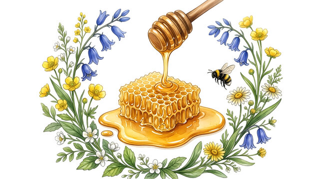 Fresh honey dripping on honeycomb with wild flowers and bee