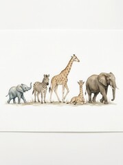 Naklejka premium Watercolor African Safari Animals Illustration with Elephant, Giraffe, and Zebra for Nursery Wall Art Decor