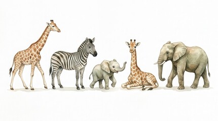 Naklejka premium Watercolor African Safari Animals Set with Giraffes, Zebra, and Elephants Isolated on White Background for Nursery Decor