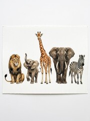 Naklejka premium Detailed Watercolor Illustration of African Safari Animals Including Lion, Giraffe, Zebra, and Elephants on White Background