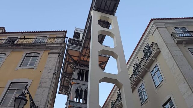 The Elevador de Santa Justa in Lisbon, Portugal. The industrial-era lift (elevator) transports passengers 45 metres up from the Baixa district to the Largo do Carmo.