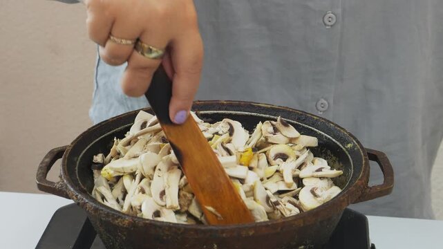 In a deep cast-iron skillet, onions simmer with chicken in a sauce and spices with mushrooms. Medium shot.
