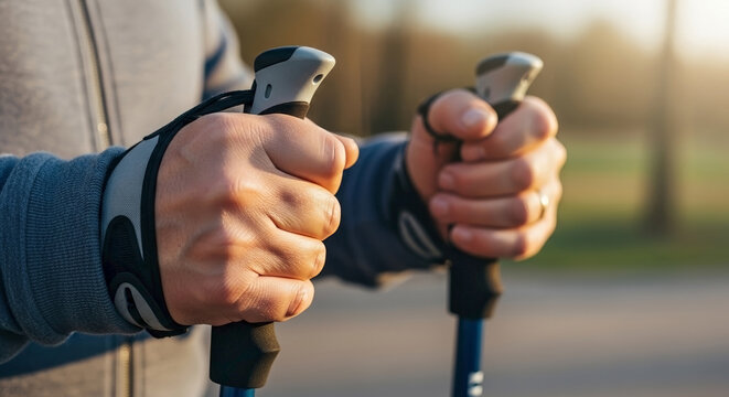 Close-up senior hands gripping walking poles, demonstrating outdoor fitness. Active senior hands gripping walking poles show dedication to health, mobility.