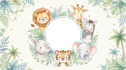 Naklejka premium Cute Watercolor Safari Animals Frame with Lion Elephant Tiger Giraffe Zebra and Rhino for Nursery Decor and Baby Shower