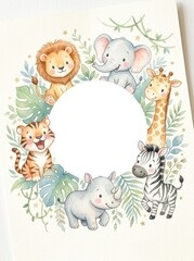 Naklejka premium Cute Watercolor Safari Animals Round Frame with Lion Elephant Giraffe Zebra Rhino and Tiger for Kids Nursery Decor