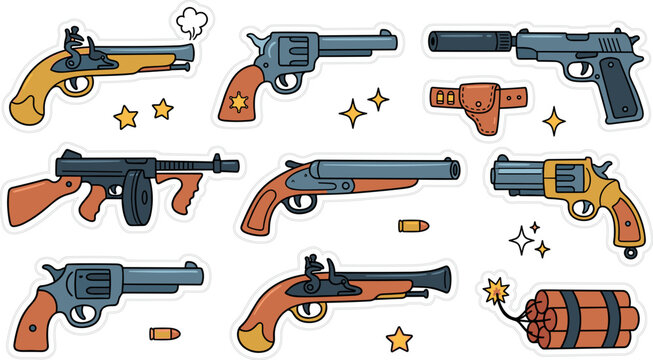 Cute cartoon weapon sticker set featuring vector illustration of vintage pistols western revolvers submachine gun shotgun and dynamite isolated on white background