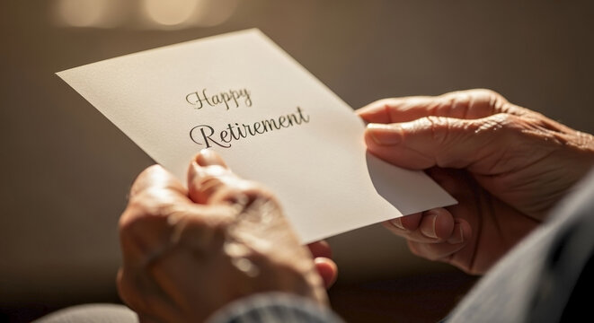 Senior hands holding retirement card, carefully reading warm wishes for future. Elderly person holds happy retirement card, contemplating new life chapter.