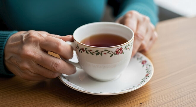 Soft natural light illuminates hands holding a teacup on wooden table. Gentle soft natural light highlights porcelain cup with floral design, filled with hot tea on matching saucer.