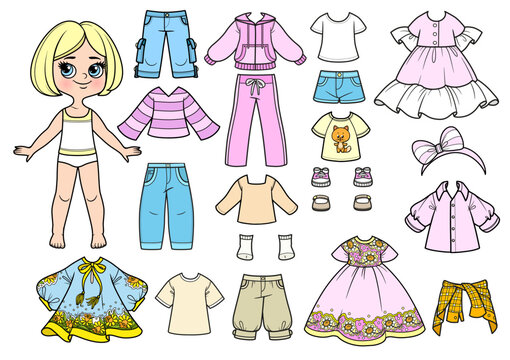 Cartoon blond girl with short bob and clothes separately -    shirts, long sleeve, sandals, jeans and sneakers