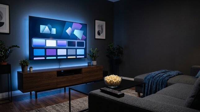 Modern Living Room with Smart TV and Ambient Lighting